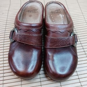 Dansko Chestnut Leather Clogs with Floral Strap